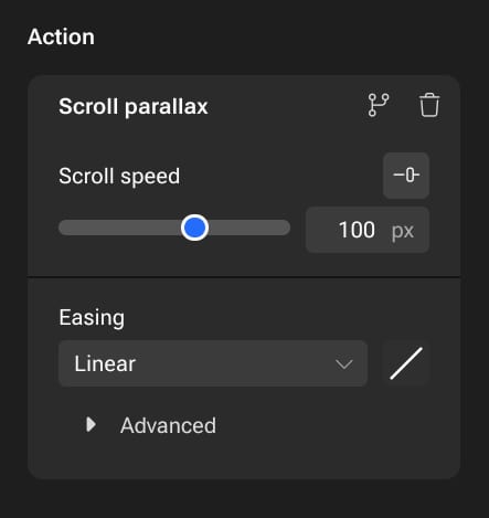 UI for scroll parallax settings: speed 100px slider, linear easing dropdown.