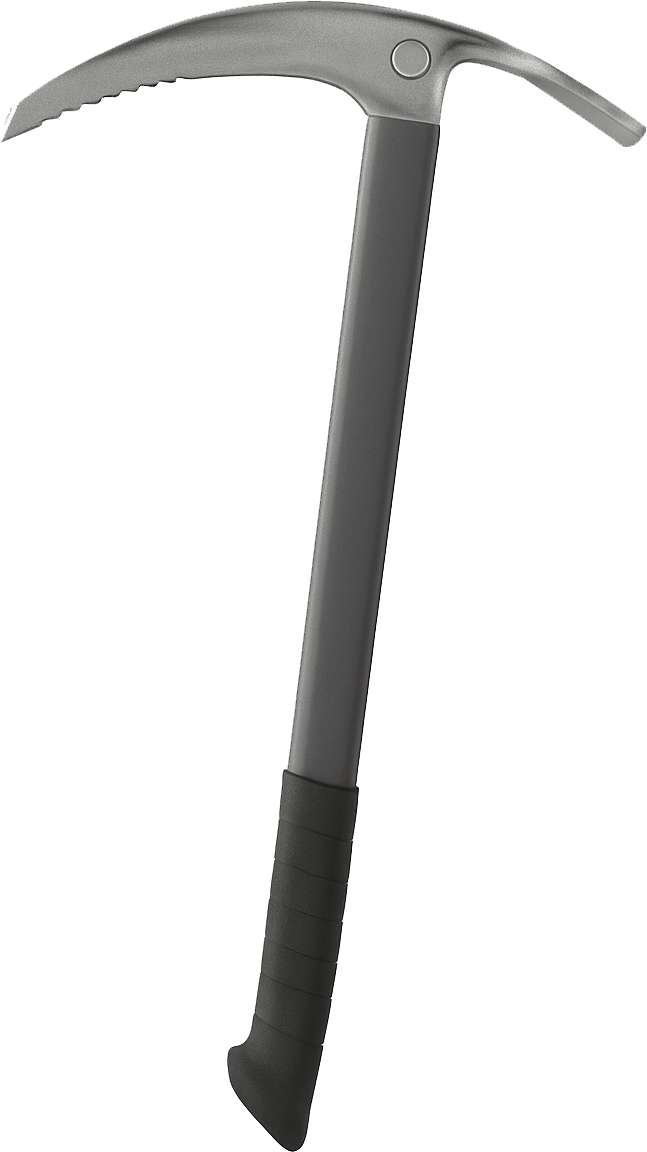 A gray and black ice axe with a serrated pick, adze, and textured grip.