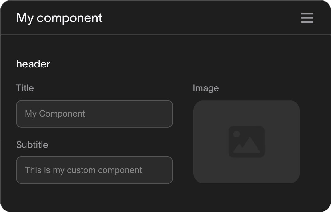 Dark UI component editor with title and subtitle input fields, and an image placeholder.
