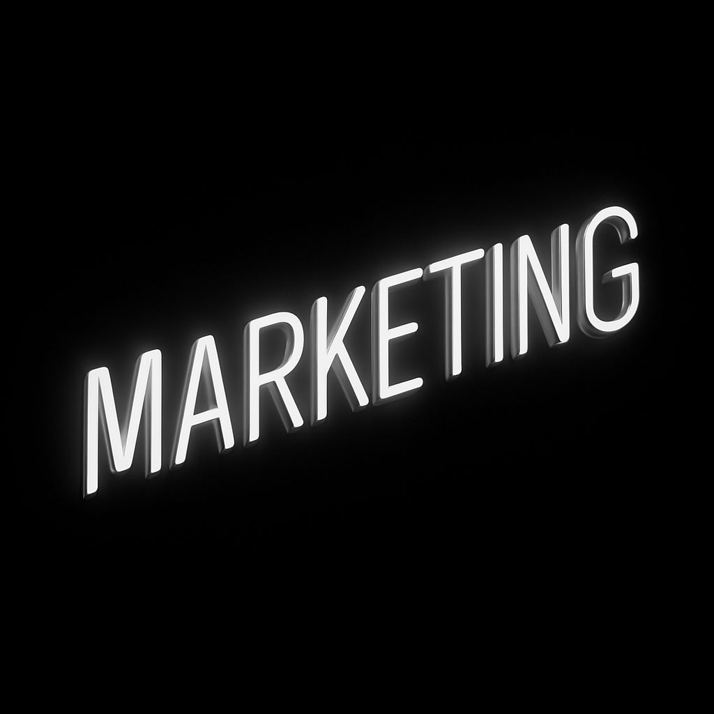 White neon sign spelling "MARKETING" on a black background.