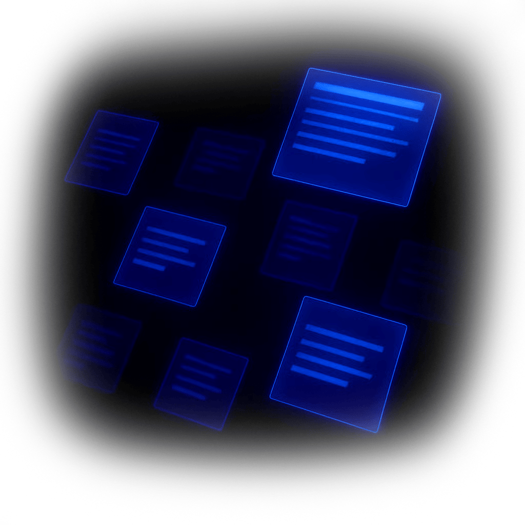 Glowing blue digital document icons on a dark background.