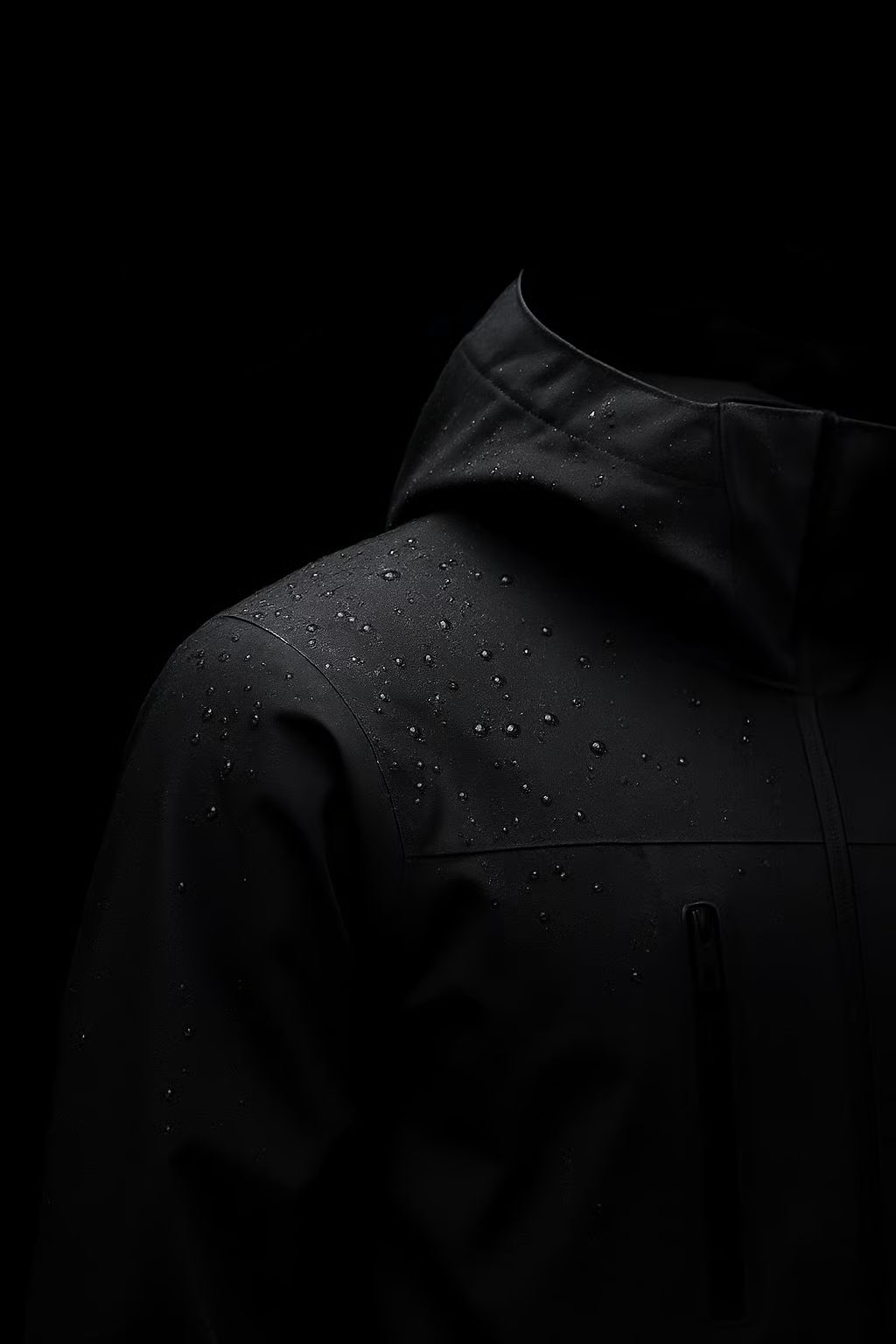 Black jacket with water droplets beading on its surface.