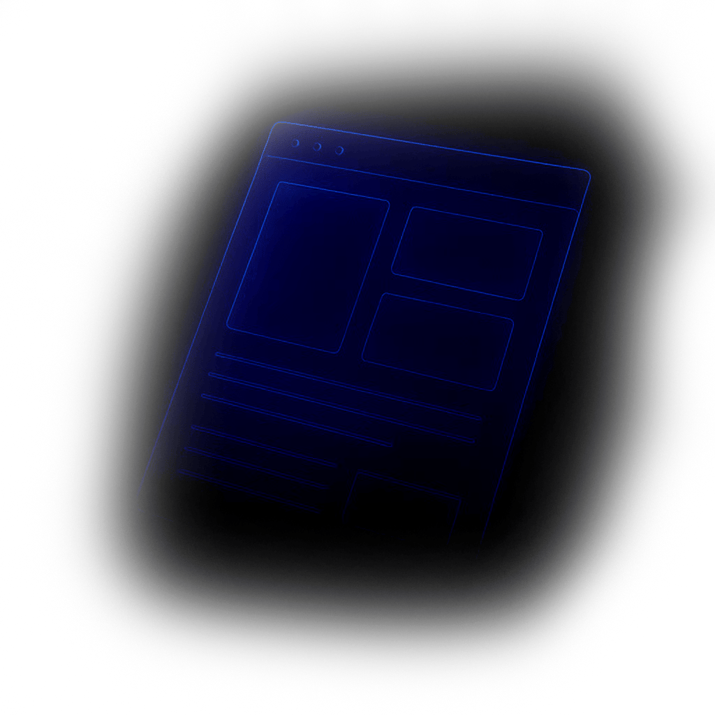 Blue neon outline of a web page wireframe with content blocks on a dark background.