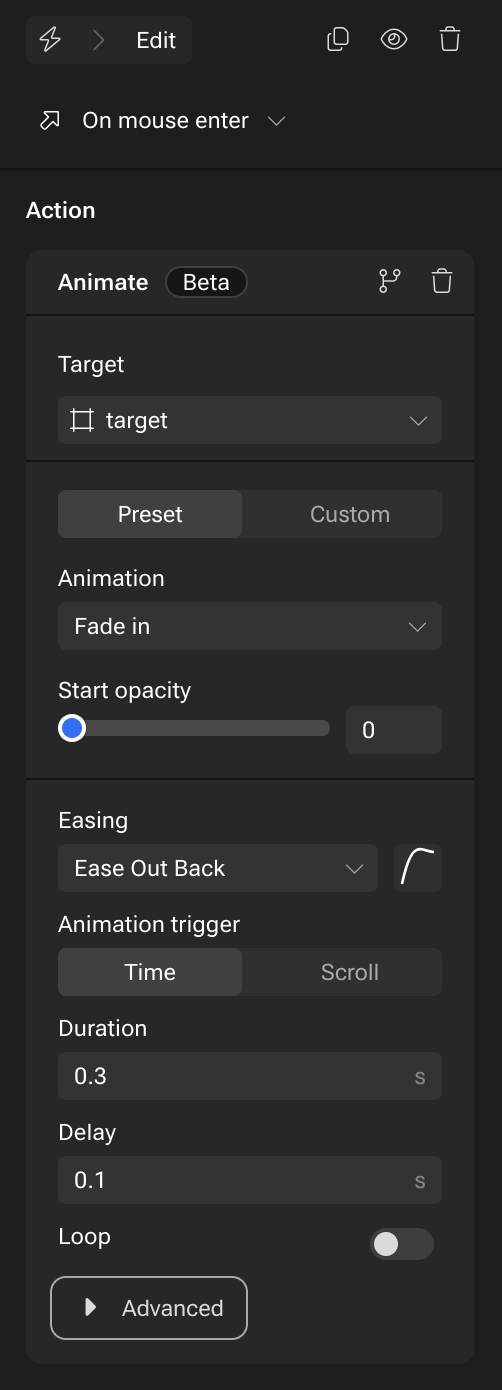 Animation settings UI, showing 'Fade in' on 'mouse enter', with duration, delay, easing.