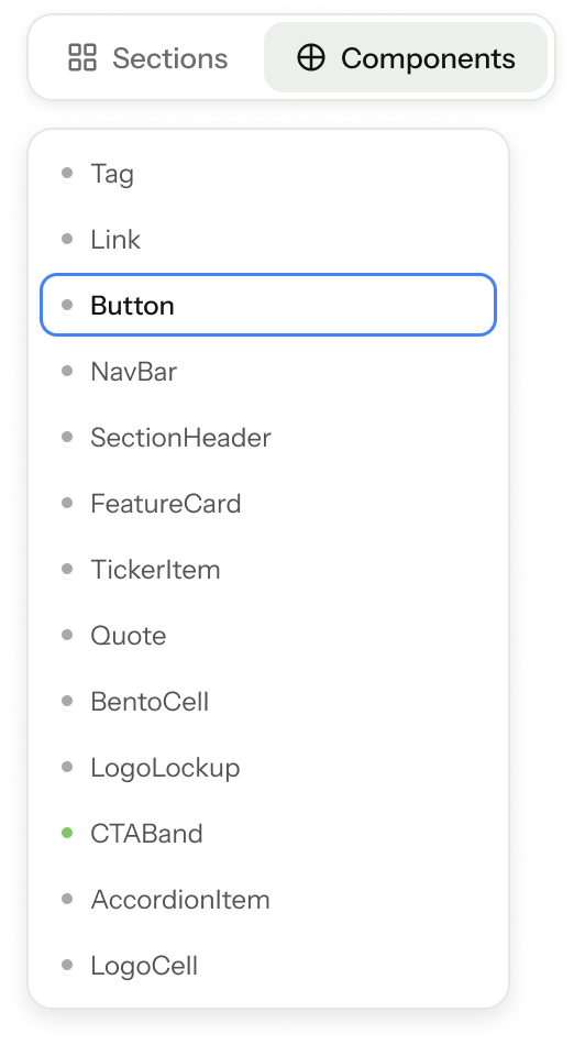 A UI panel showing 'Components' tab selected and a list of selectable components, with 'Button' highlighted.