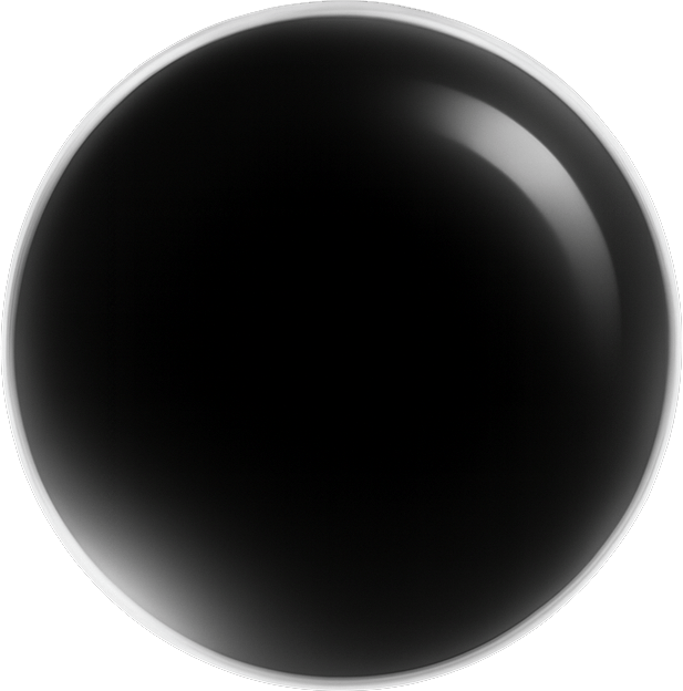 A reflective black circle with a white border.