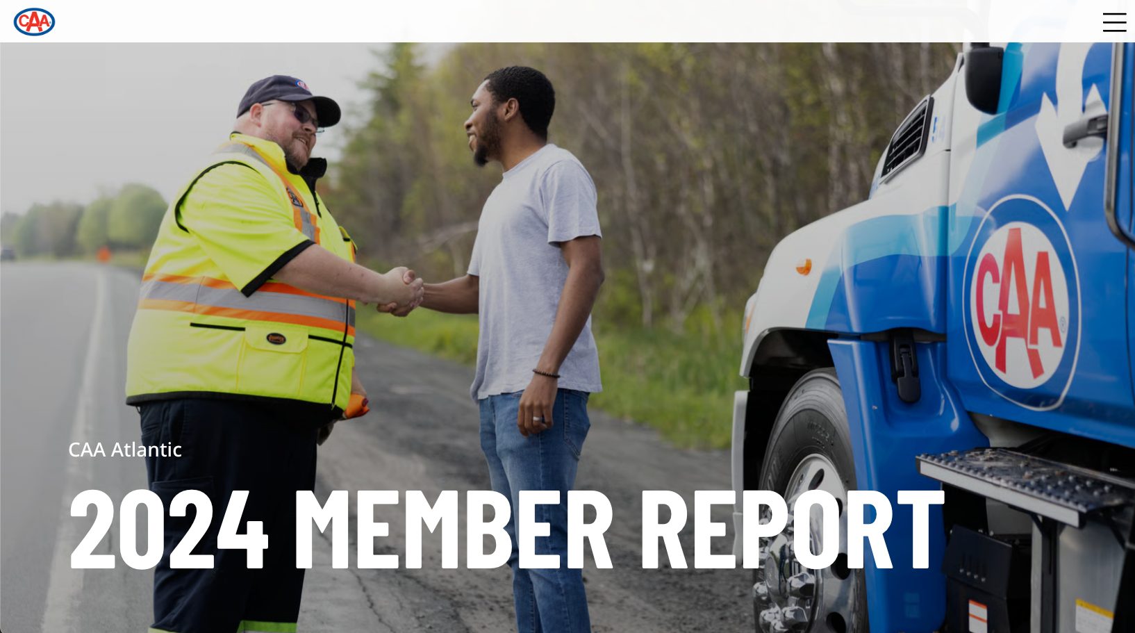 CAA worker shaking customer's hand next to a CAA truck, with "2024 Member Report" text.