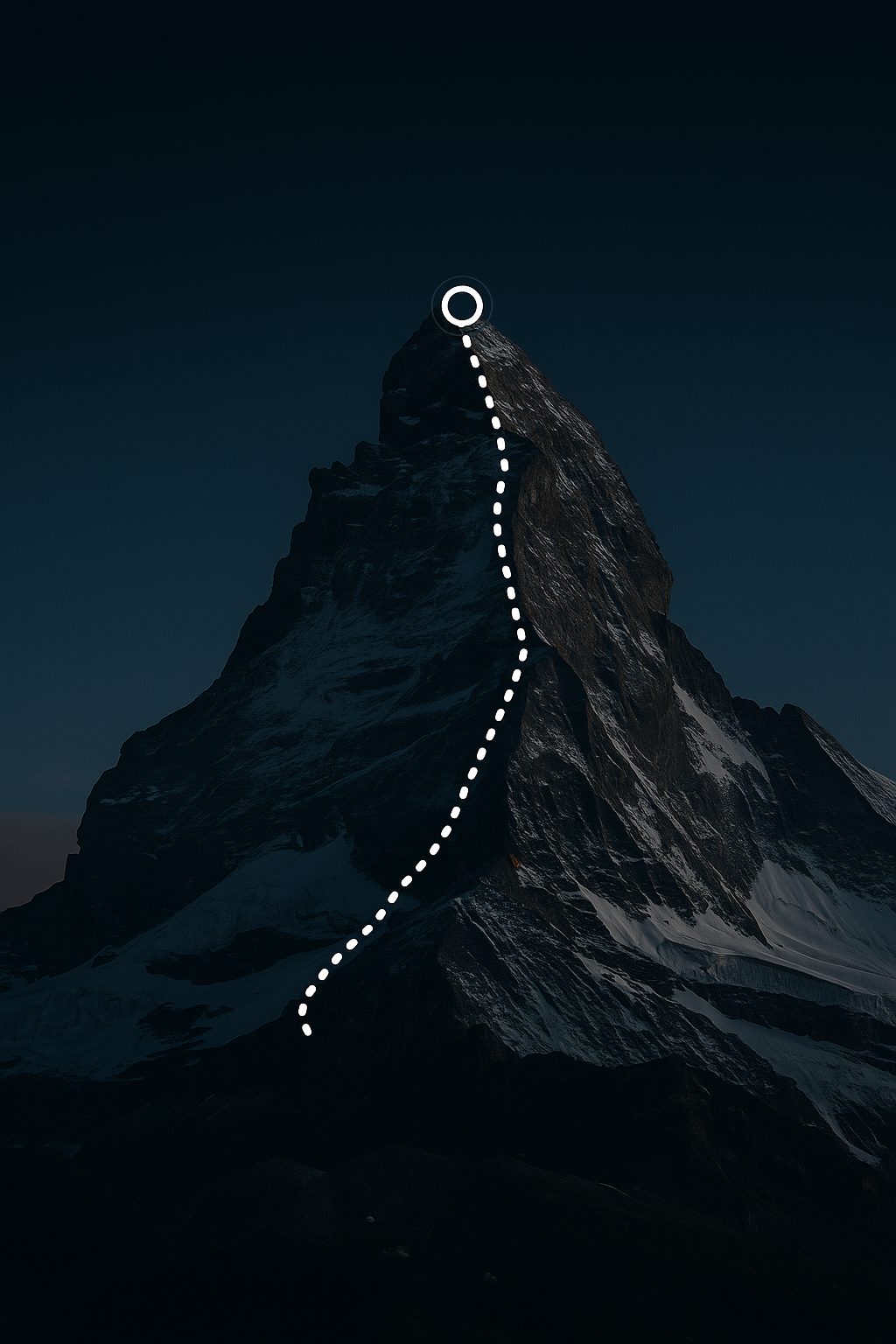 Night mountain with a dotted white path leading to a summit circle.
