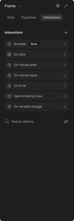 A dark UI panel titled "Interactions" listing various event triggers like Animate, On click, On timer.