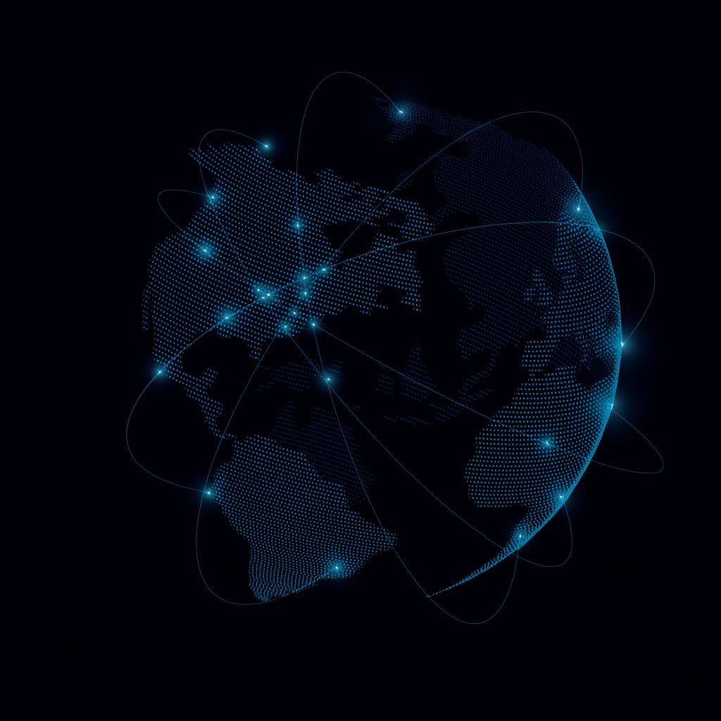 Digital earth globe with glowing network connections on a dark background.