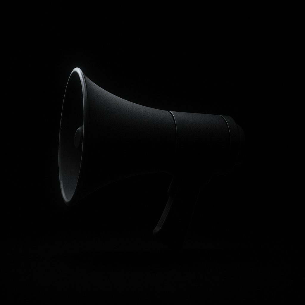 A dark, minimalist megaphone with subtle rim lighting against a black background.