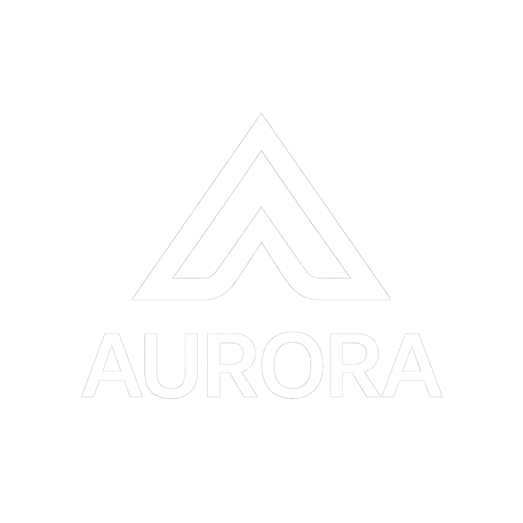 White stylized A/mountain logo with 'AURORA' text on a green background.