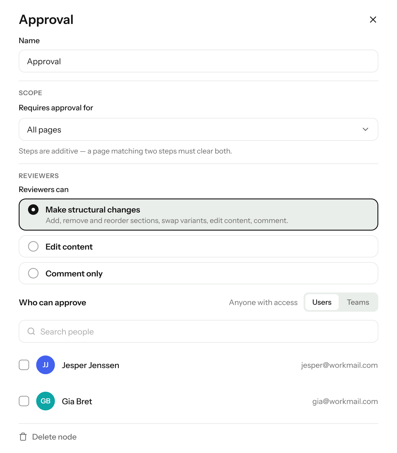Approval workflow setup dialog, defining name, scope, reviewer roles, and approvers.