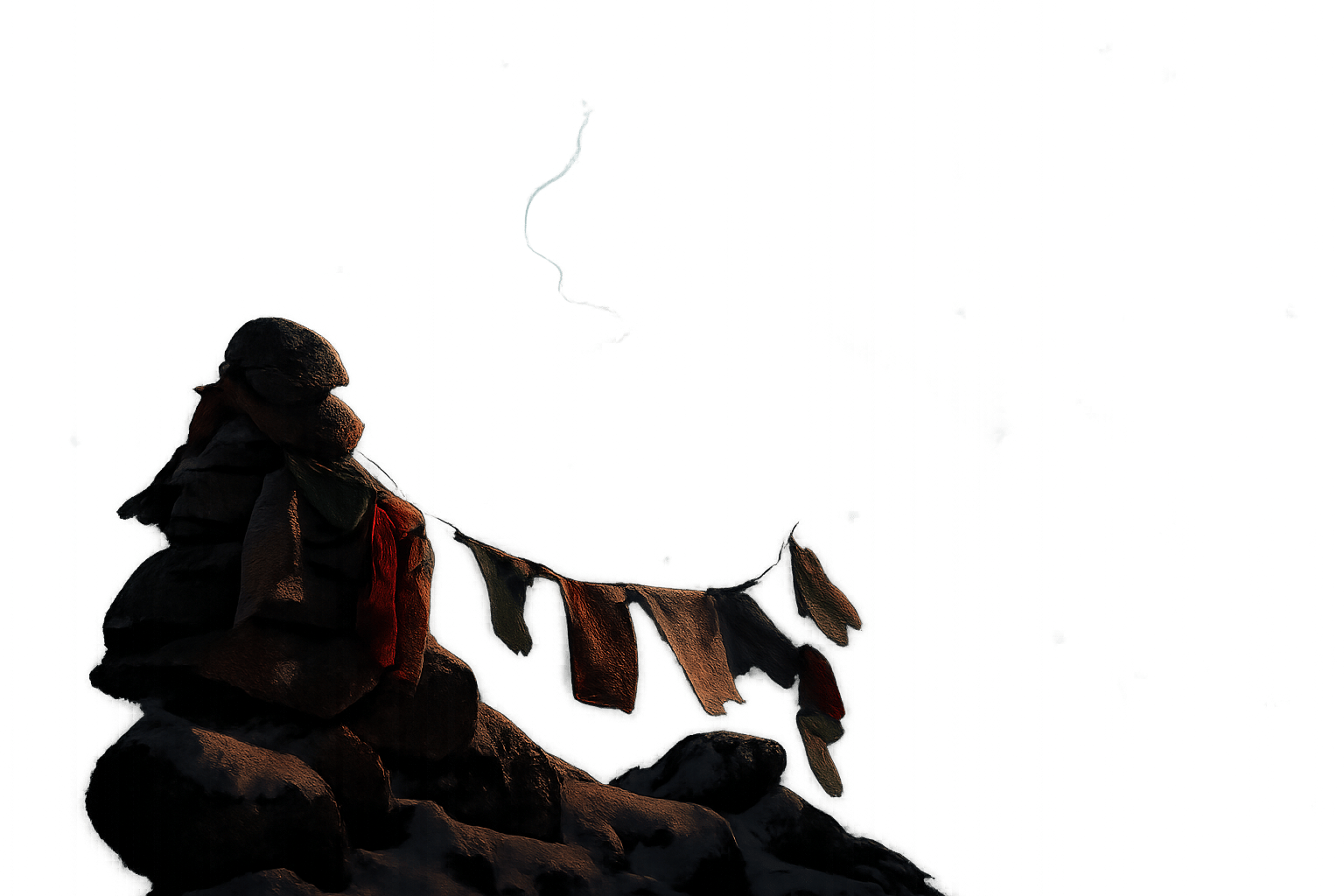 A rock cairn with prayer flags, set against a green background with vibrant light streaks.