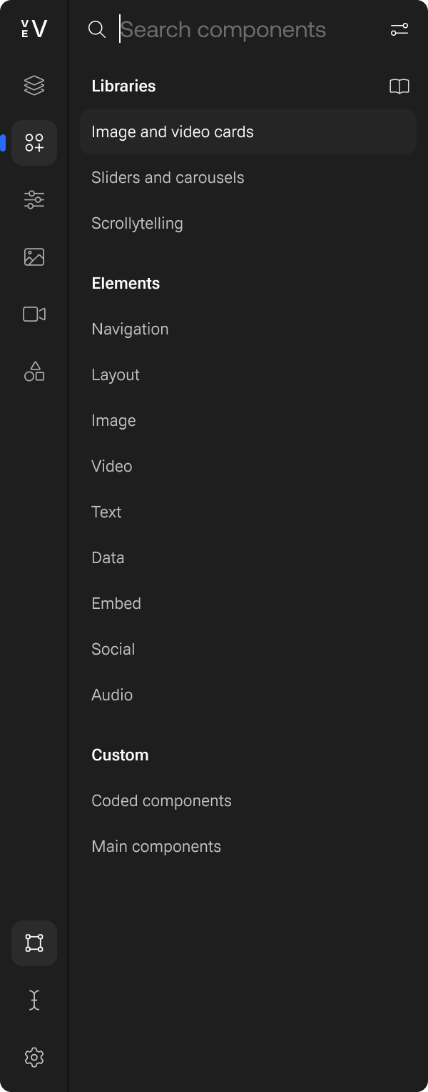 Dark UI component selection menu. 'Image and video cards' selected under 'Libraries' category.