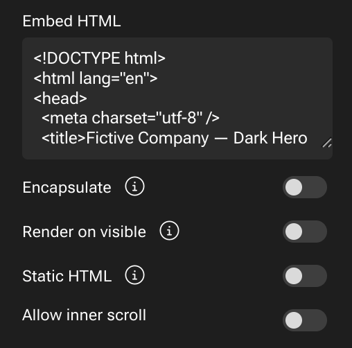 Embed HTML settings: code preview and toggles for Encapsulate, Render, Static HTML, and inner scroll.
