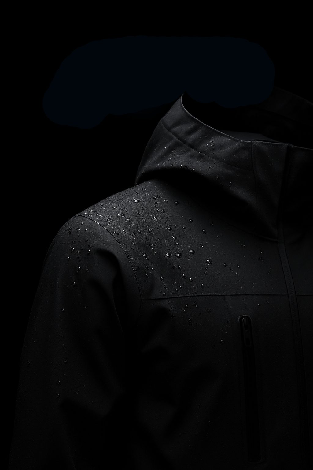 Black waterproof jacket with water droplets on the shoulder and hood.