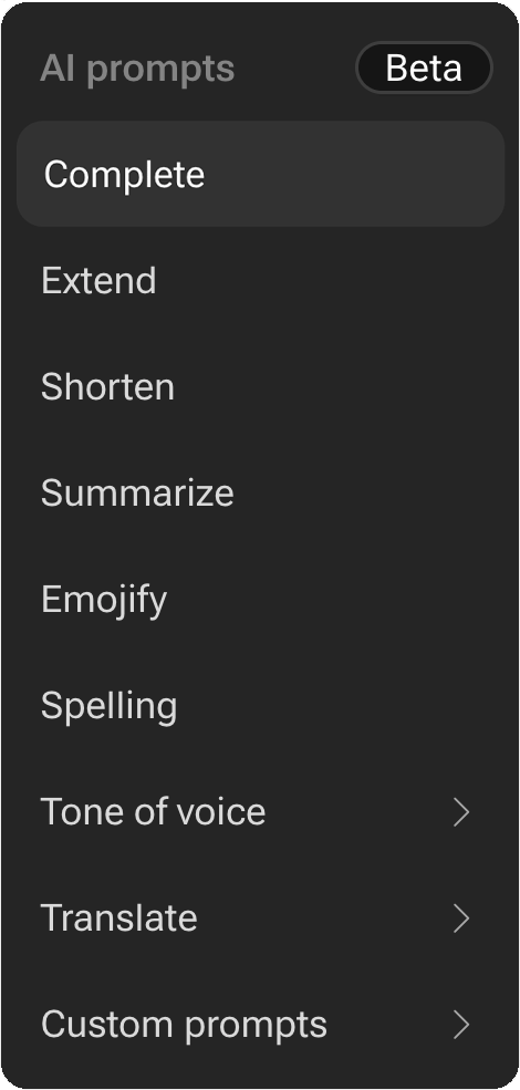 AI prompts menu: Complete, Extend, Shorten, Summarize, Emojify, Spelling, Tone, Translate, Custom. Beta.
