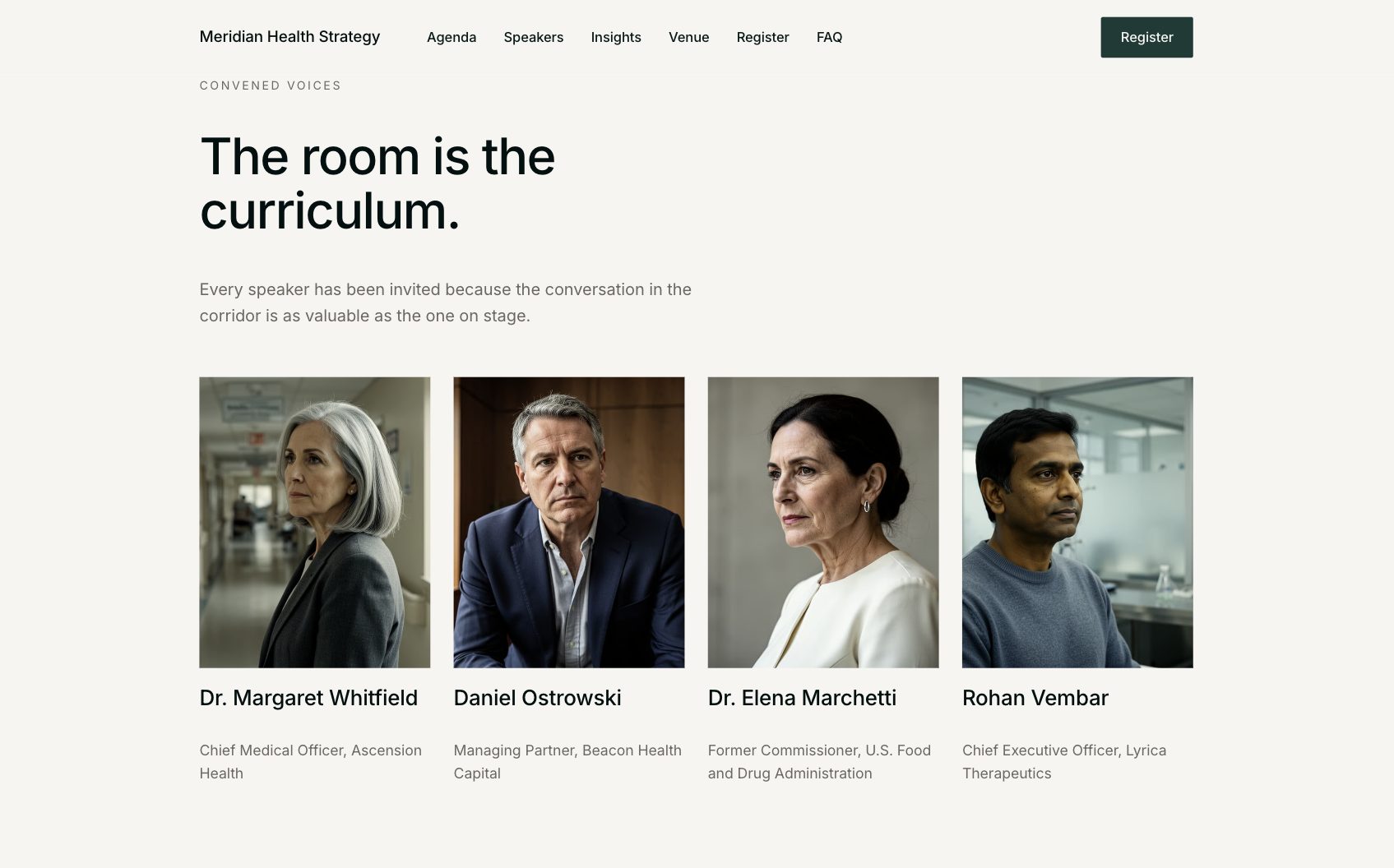 Website section: 'The room is the curriculum.' with four speaker portraits and their professional titles.