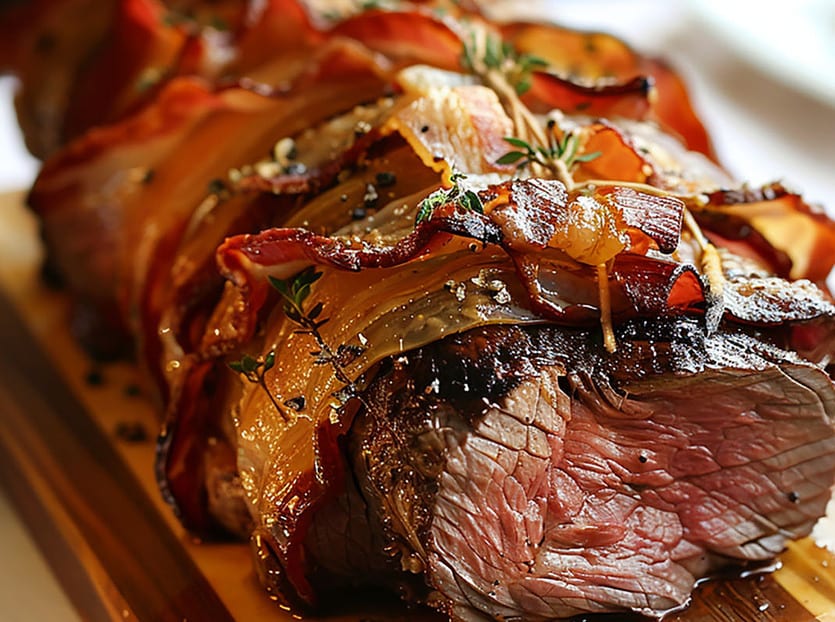 Sliced medium-rare beef roast wrapped in bacon and onions, garnished with thyme.