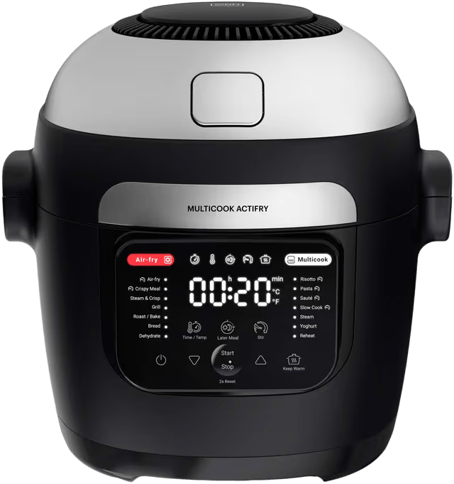 Black and silver Multicook Actifry with digital display, timer (00:20), and cooking presets.