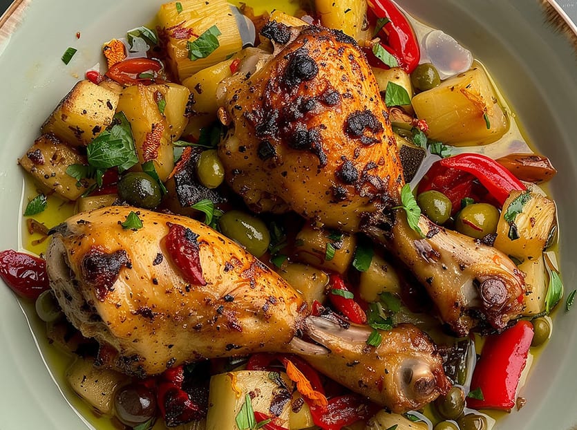 Roasted chicken drumsticks, potatoes, olives, peppers, and herbs in a rich sauce.