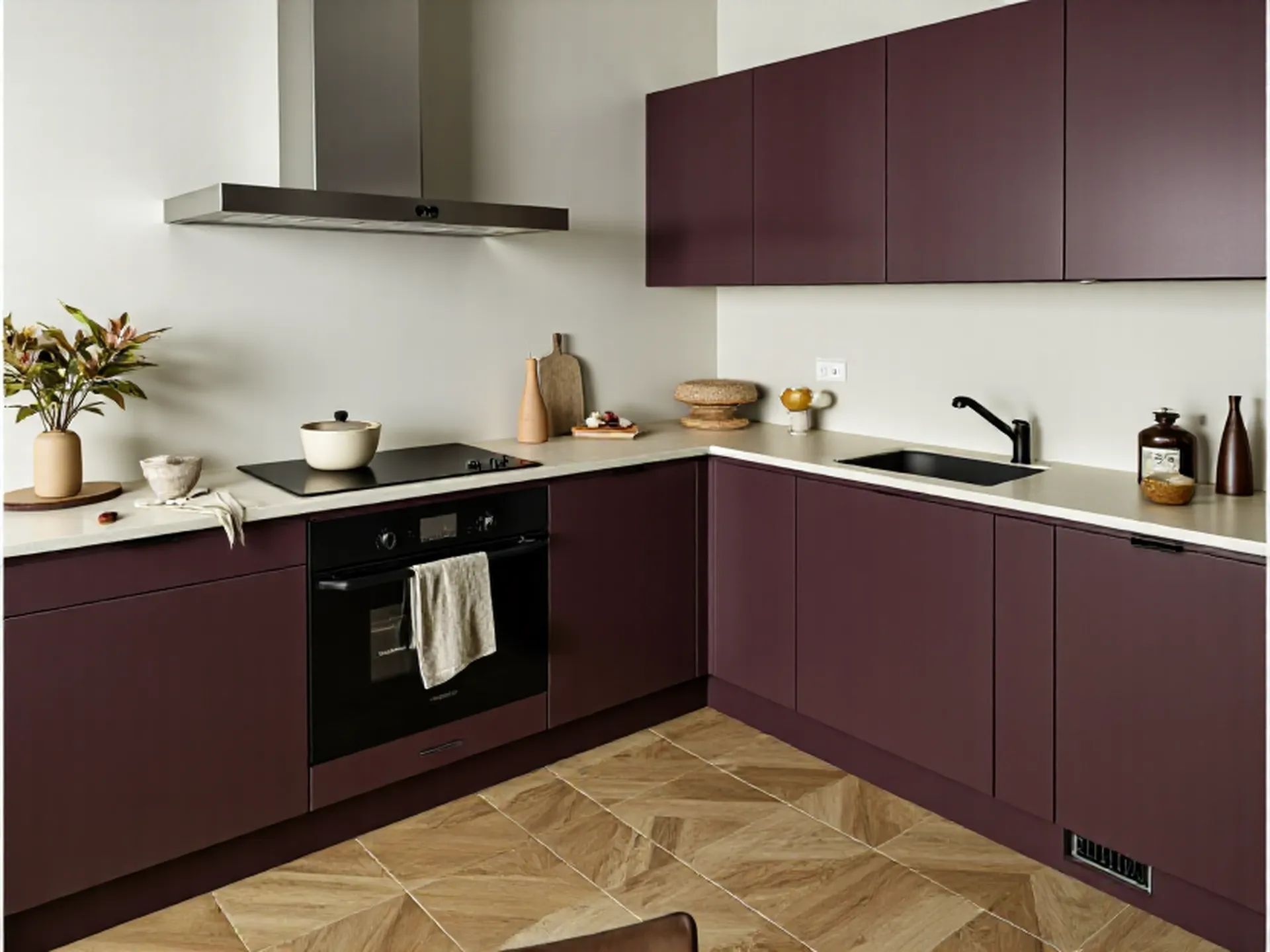 Modern kitchen with plum-colored cabinets, light countertop, and herringbone wood-patterned floor.