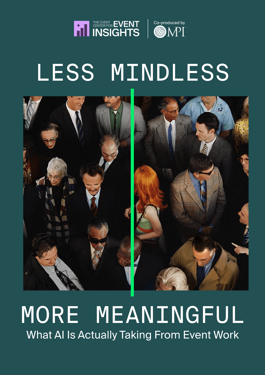 An overhead view of a diverse crowd, bisected by a green line, illustrating a shift to meaningful event work.