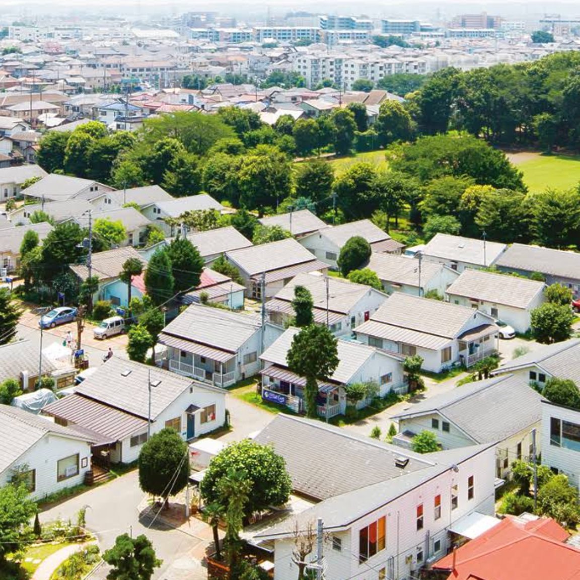 Aerial view of a residential neighborhood with many houses, green trees, and a distant city.