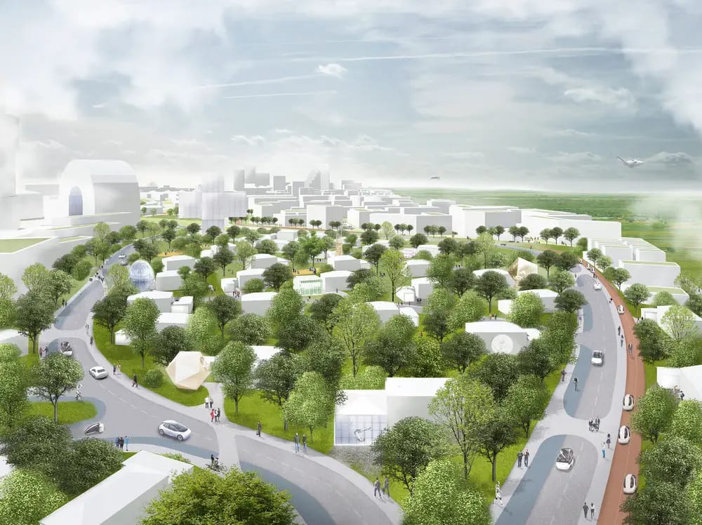 Green city concept render: white buildings, trees, roads, cars, people, and a distant city.