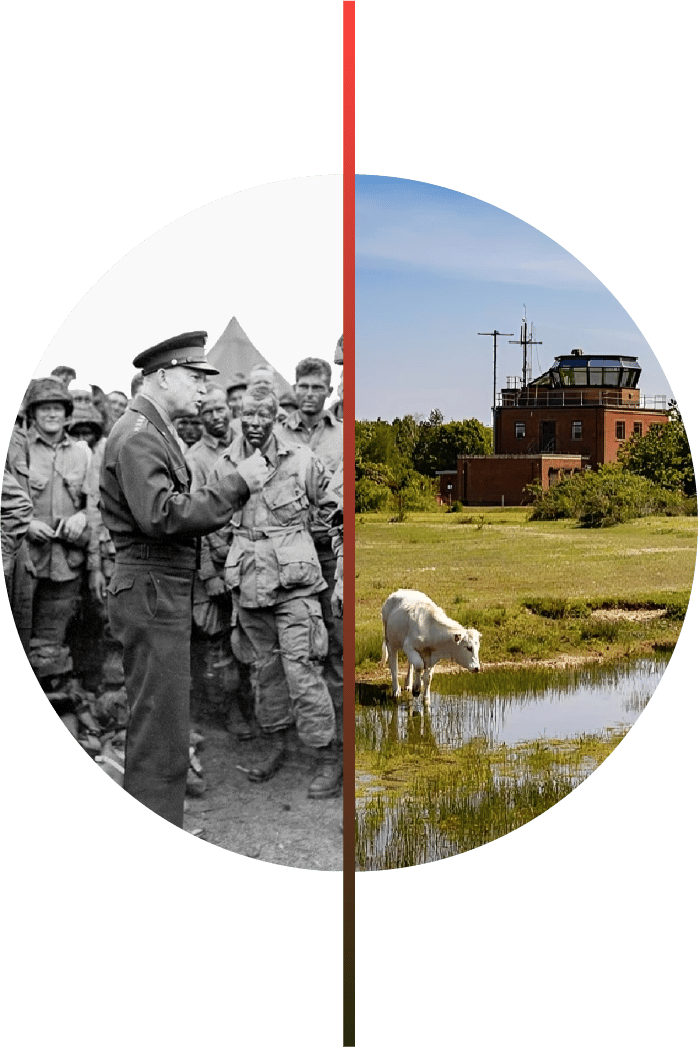 B&W: General with troops. Color: Cow, pond, control tower.