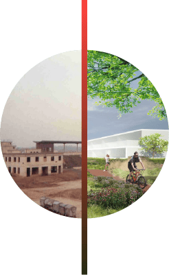 Transformation: old industrial site (left) becomes modern green park (right).