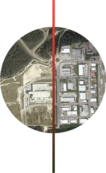 Aerial view comparison: left undeveloped land & construction, right developed industrial park.