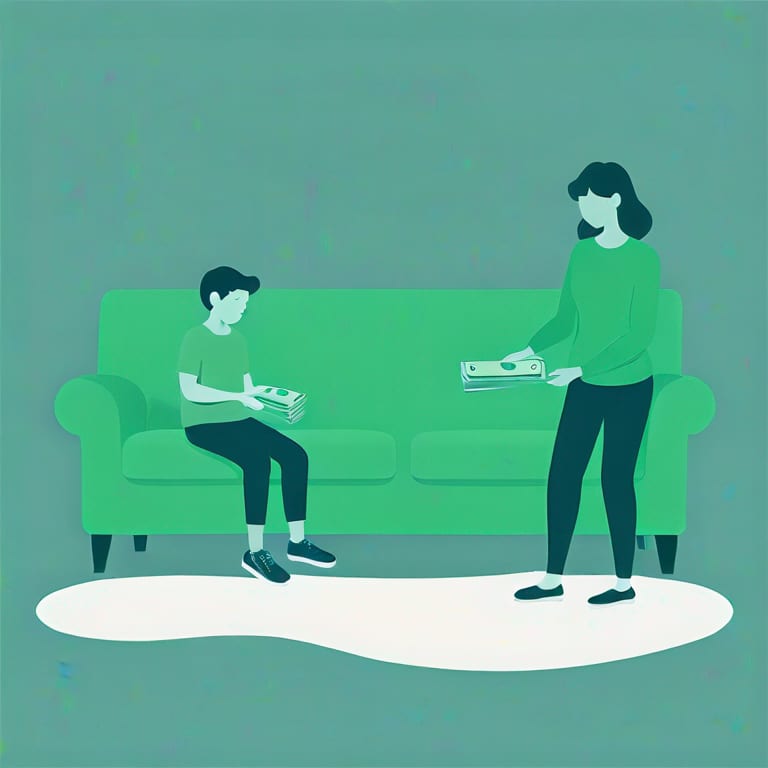 Two people, one sitting on a couch, one standing, both holding money.
