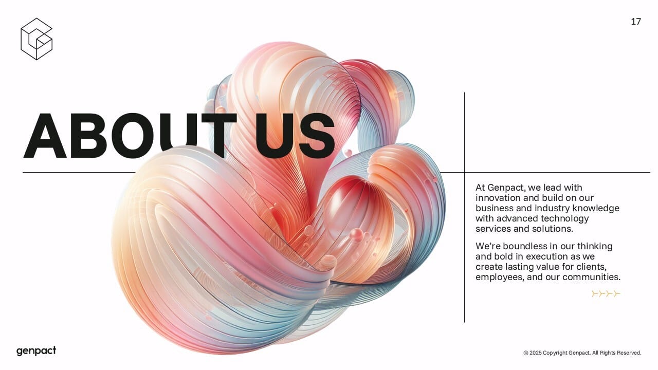 Genpact "ABOUT US" slide with abstract art and company values.