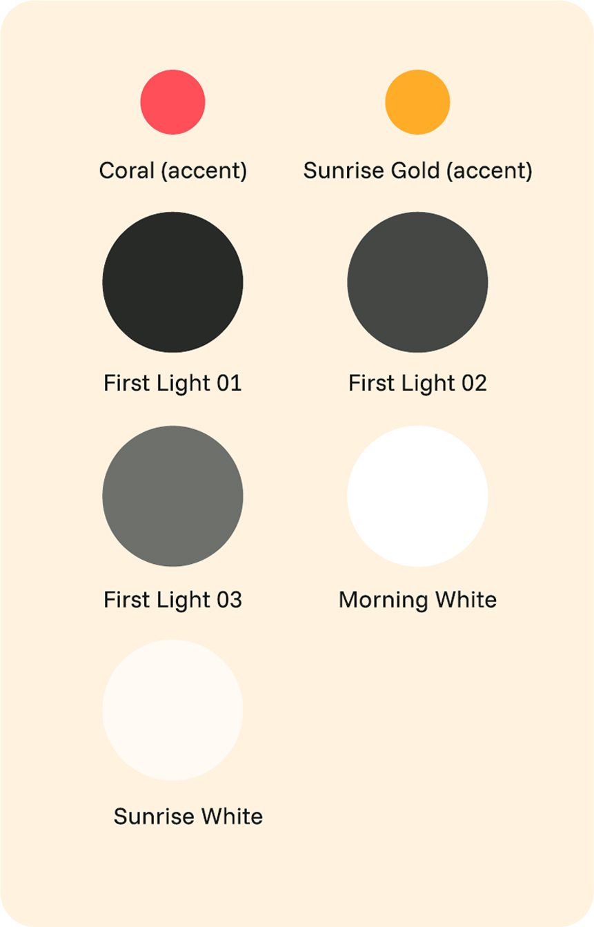 Color palette: Coral, Sunrise Gold, First Light 01-03, Morning White, Sunrise White.