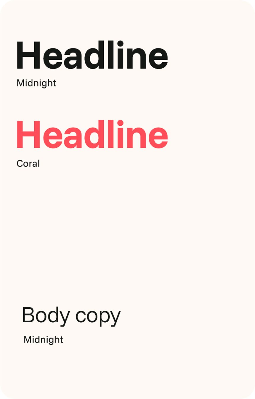Typography styles: 'Headline' (Midnight black, Coral red) and 'Body copy' (Midnight black).
