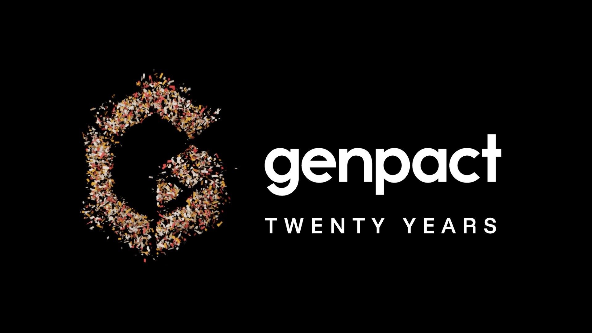 Genpact logo features a 'G' made of confetti and 'TWENTY YEARS' text on a black background.