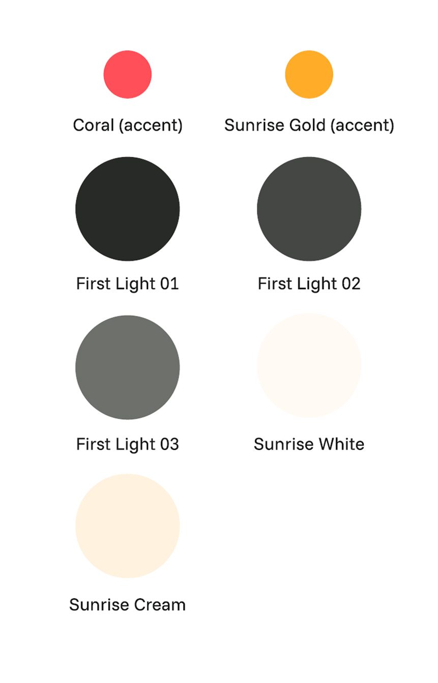 Color palette: Coral, Sunrise Gold, First Light grays, Sunrise White, Sunrise Cream.