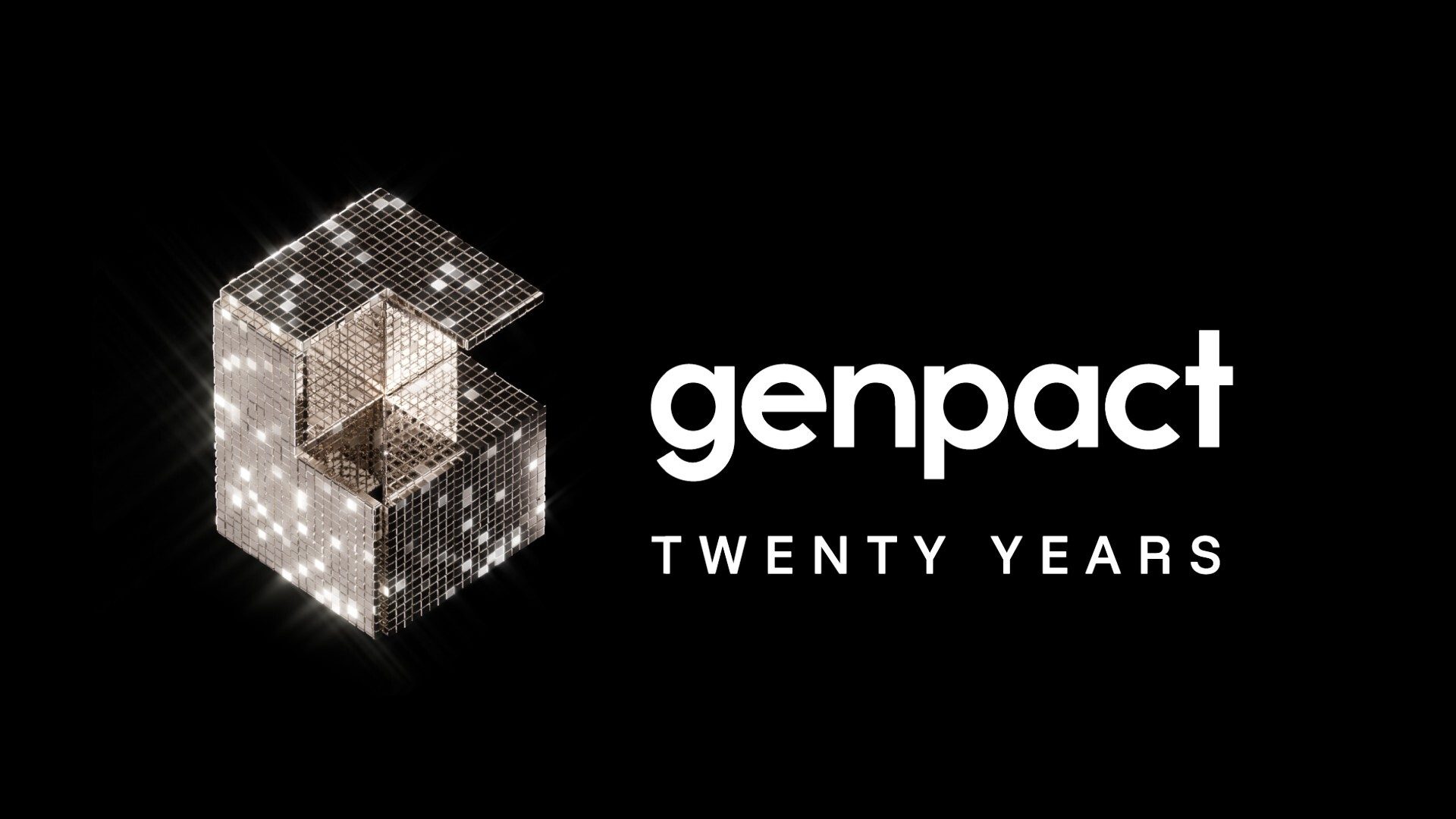 3D mirrored 'G' logo for Genpact, with "TWENTY YEARS" text, on black background.