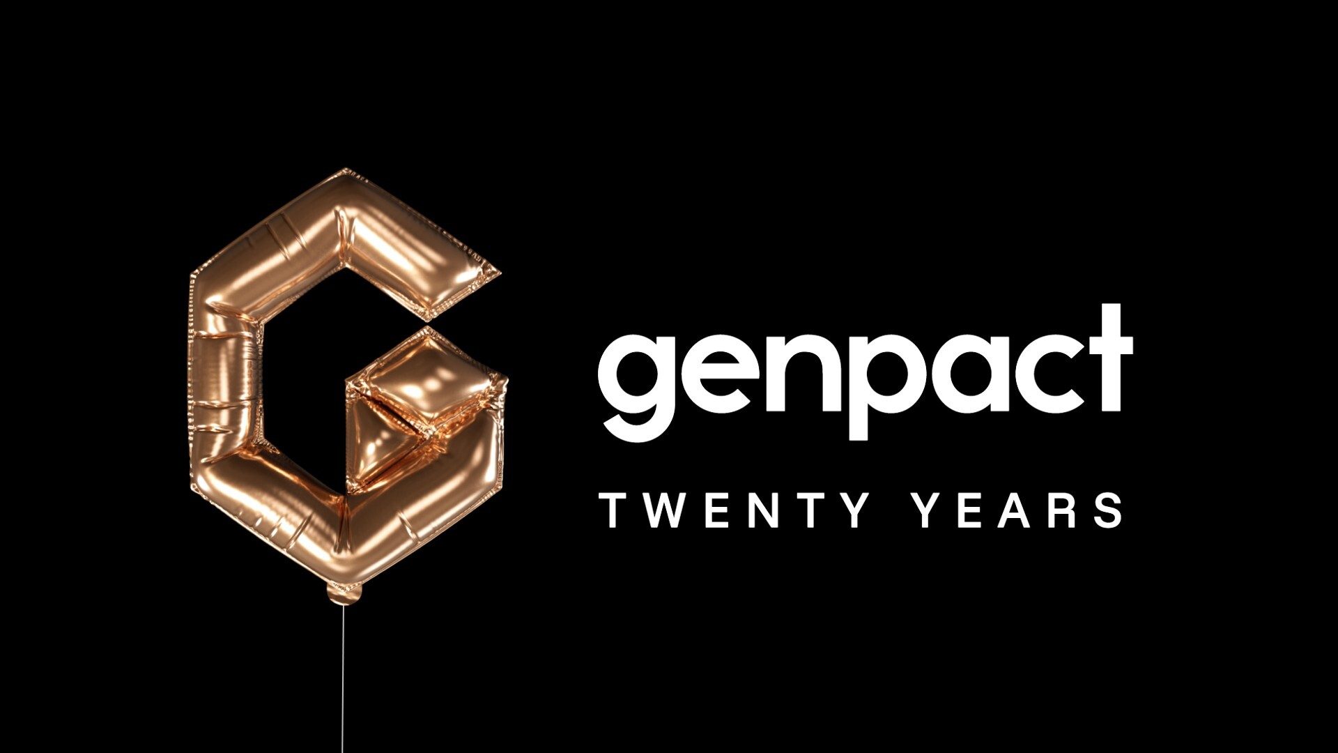 Gold "G" balloon and "genpact TWENTY YEARS" text on black background.