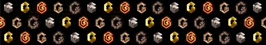 Pattern of stylized 'G' letters: silver, gold, glowing, bronze, sparkling.