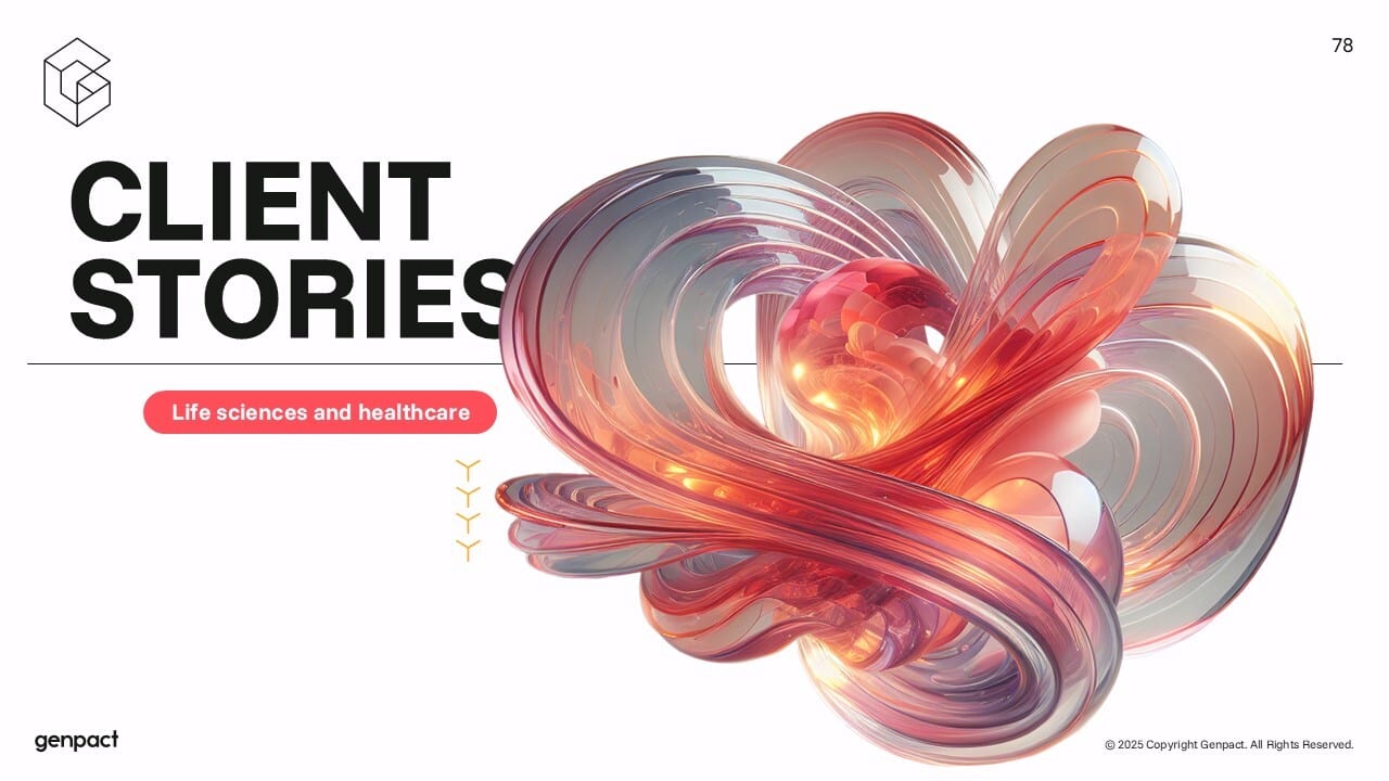 "CLIENT STORIES" title with abstract 3D art, "Life sciences and healthcare" button, and Genpact logo.