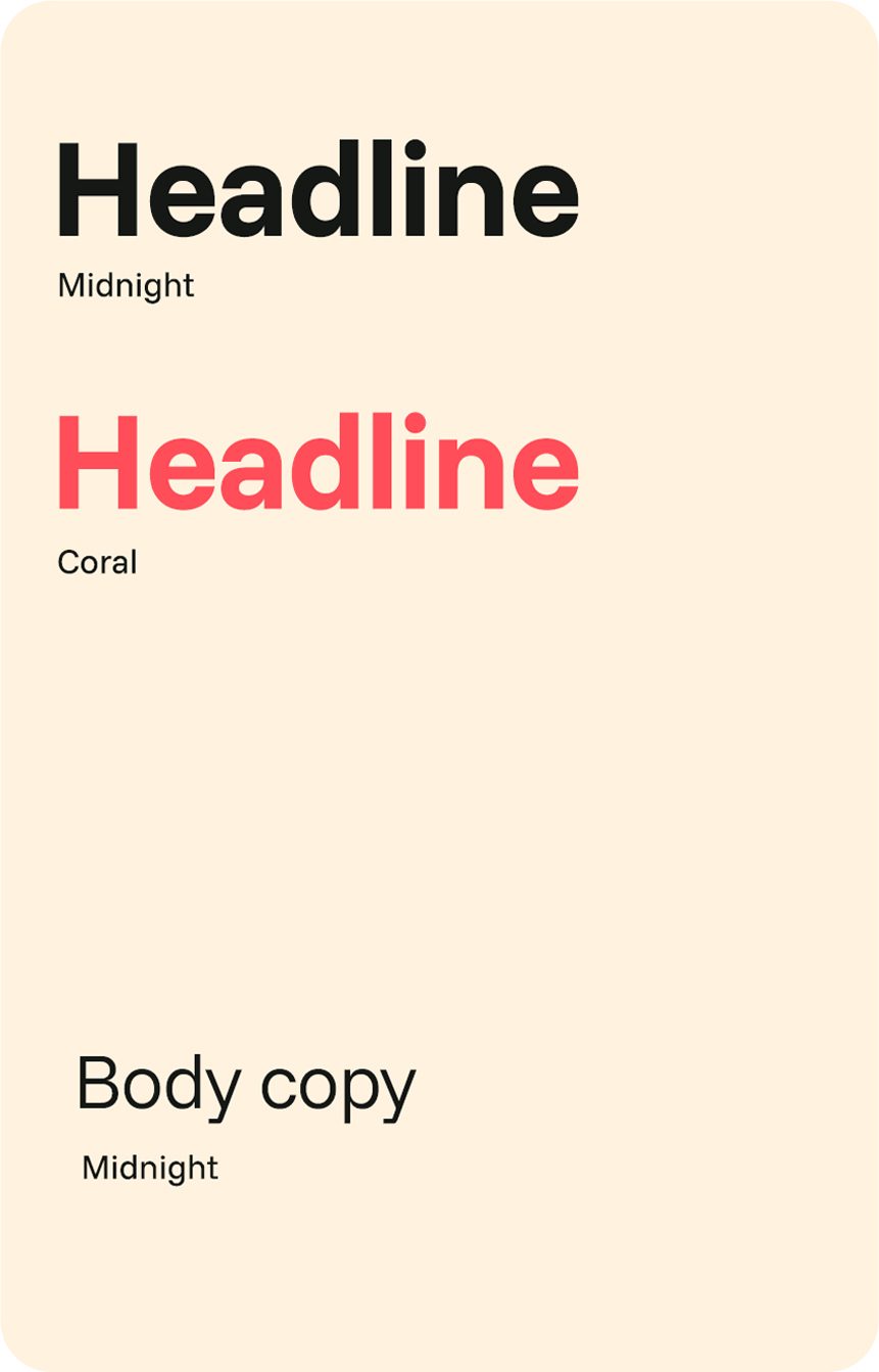 Typography examples: black and coral headlines, black body copy. Colors: Midnight, Coral.