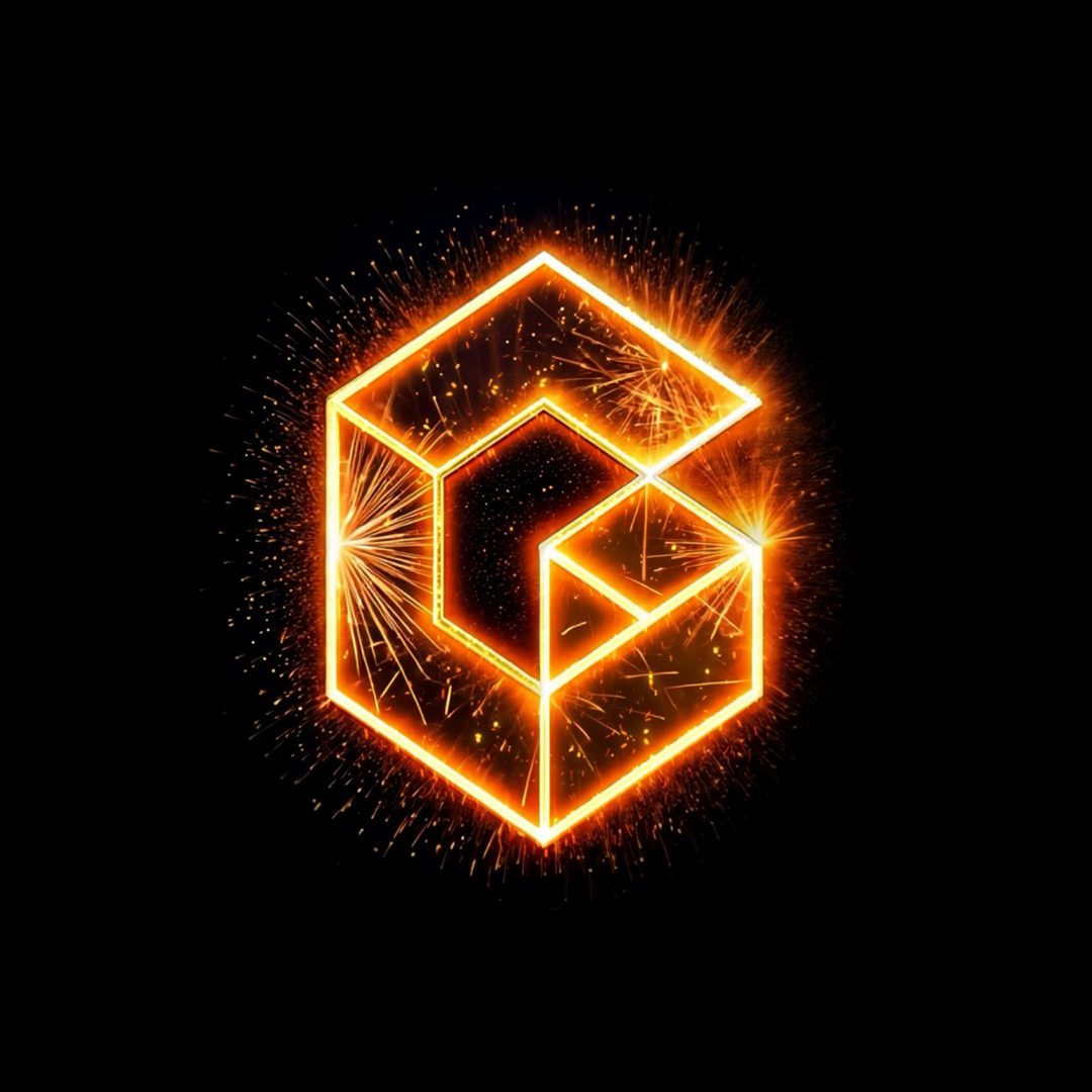 Glowing orange geometric G logo with sparks on black.
