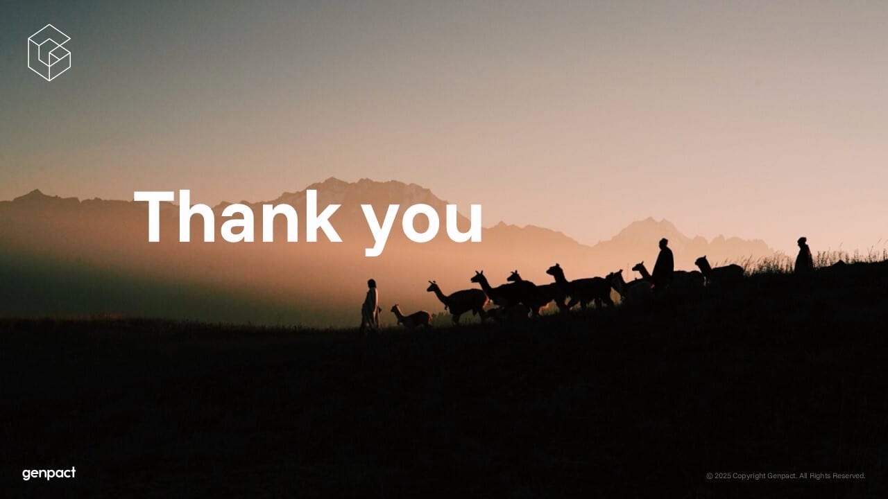 "Thank you" text over a sunset landscape with silhouetted herders and alpacas.