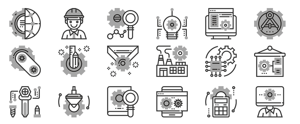15 line art icons for engineering, industry, and technology, all featuring gears.