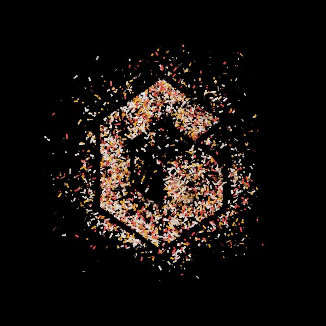 Exploding colorful confetti forms a hexagonal wolf head logo on a black background.