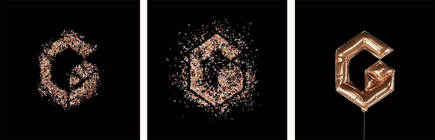 Three panels: Gold G logo as confetti (solid, scattered) and a balloon.