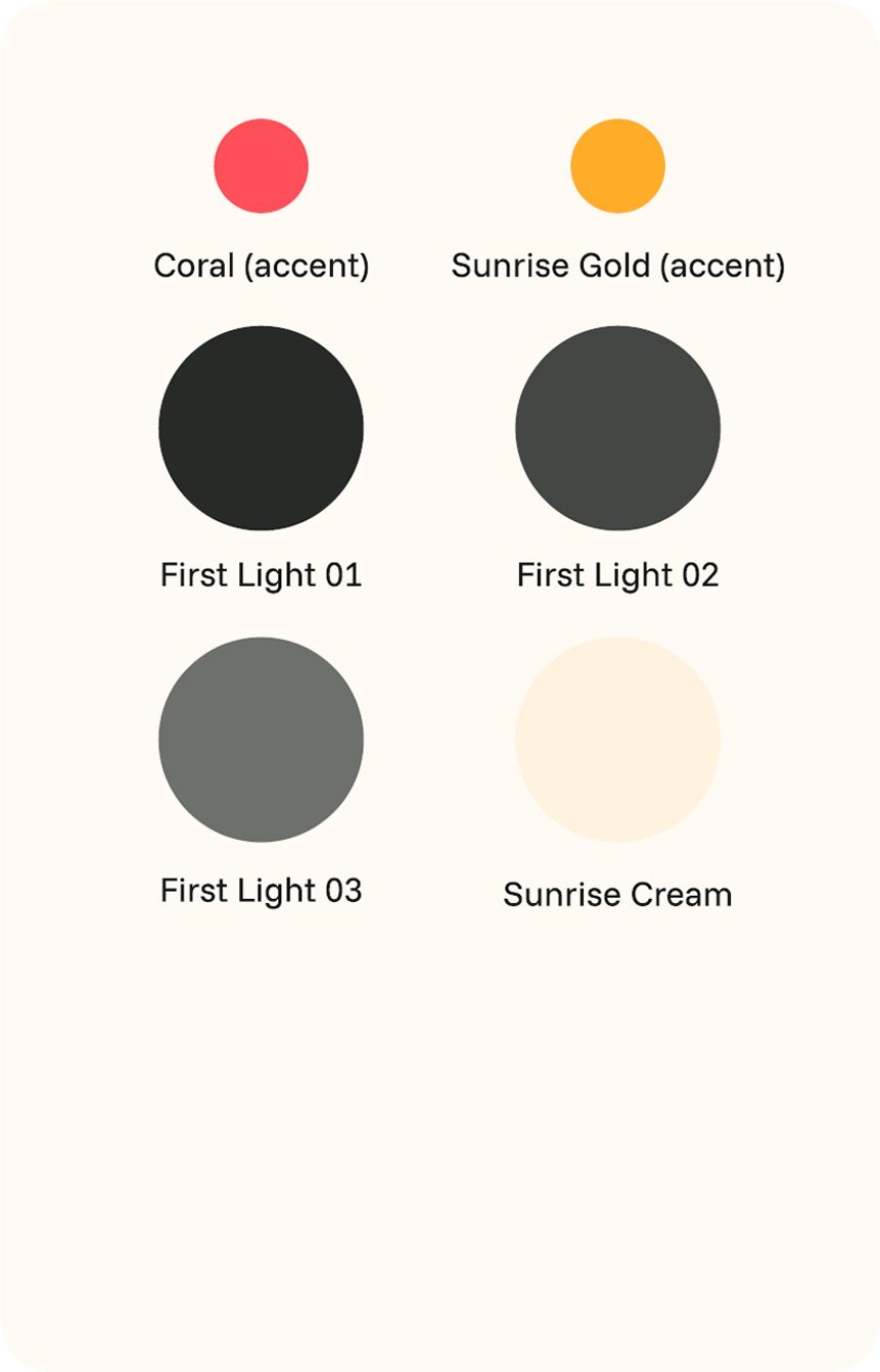 Color palette: Coral, Sunrise Gold, First Light 01, 02, 03 (greys), and Sunrise Cream.